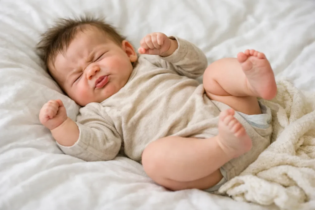 bébé grogne et se tortille en dormant