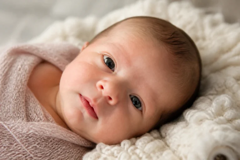 Nouveau-né allongé, regard flou fixant doucement le visage de son parent