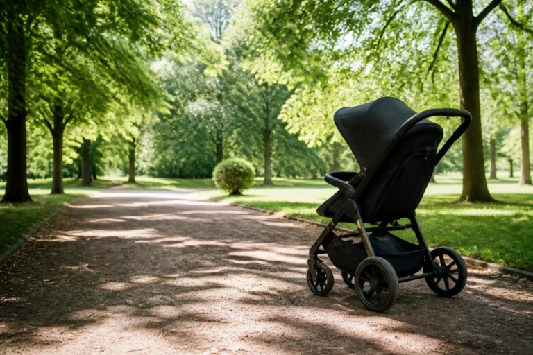 Poussette vide dans un parc ombragé, symbole d'une sortie en plein air avec un nourrisson