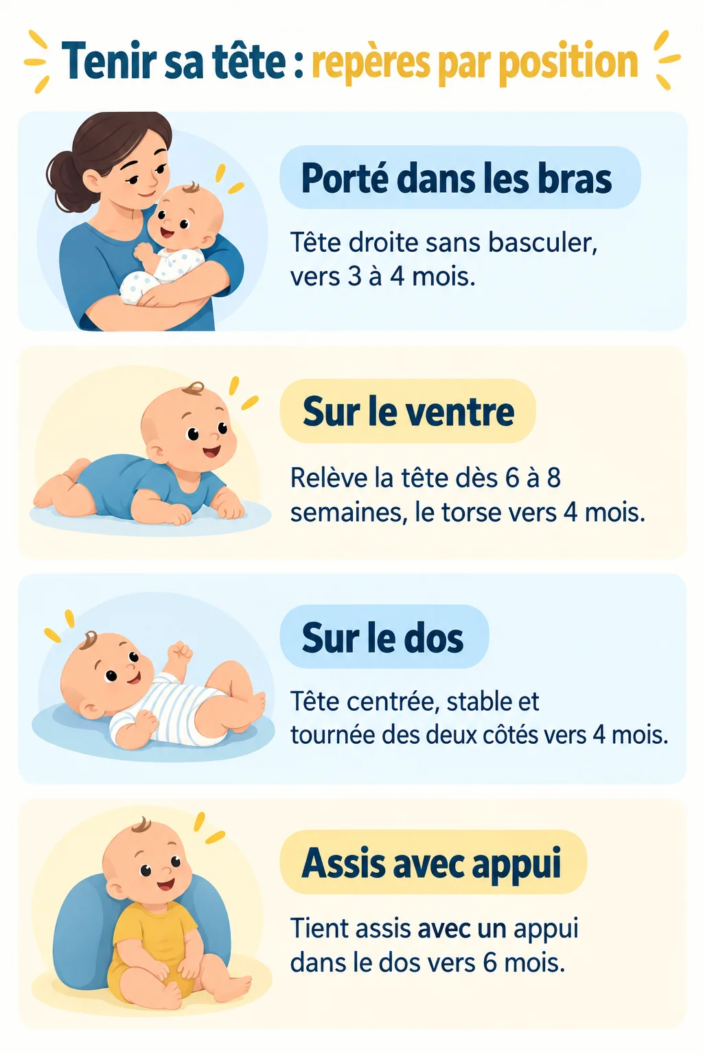 Tenir sa tête : repères par position : Porté dans les bras, Sur le ventre, Sur le dos, Assis avec appui