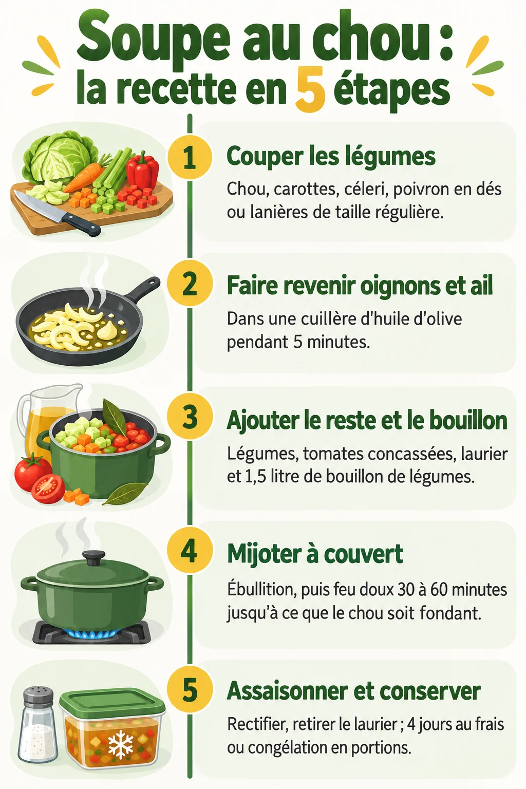 Soupe au chou : la recette en 5 étapes : 1. Couper les légumes, 2. Faire revenir oignons et ail, 3. Ajouter le reste et le bouillon, 4. Mijoter à couvert, 5. Assaisonner et conserver