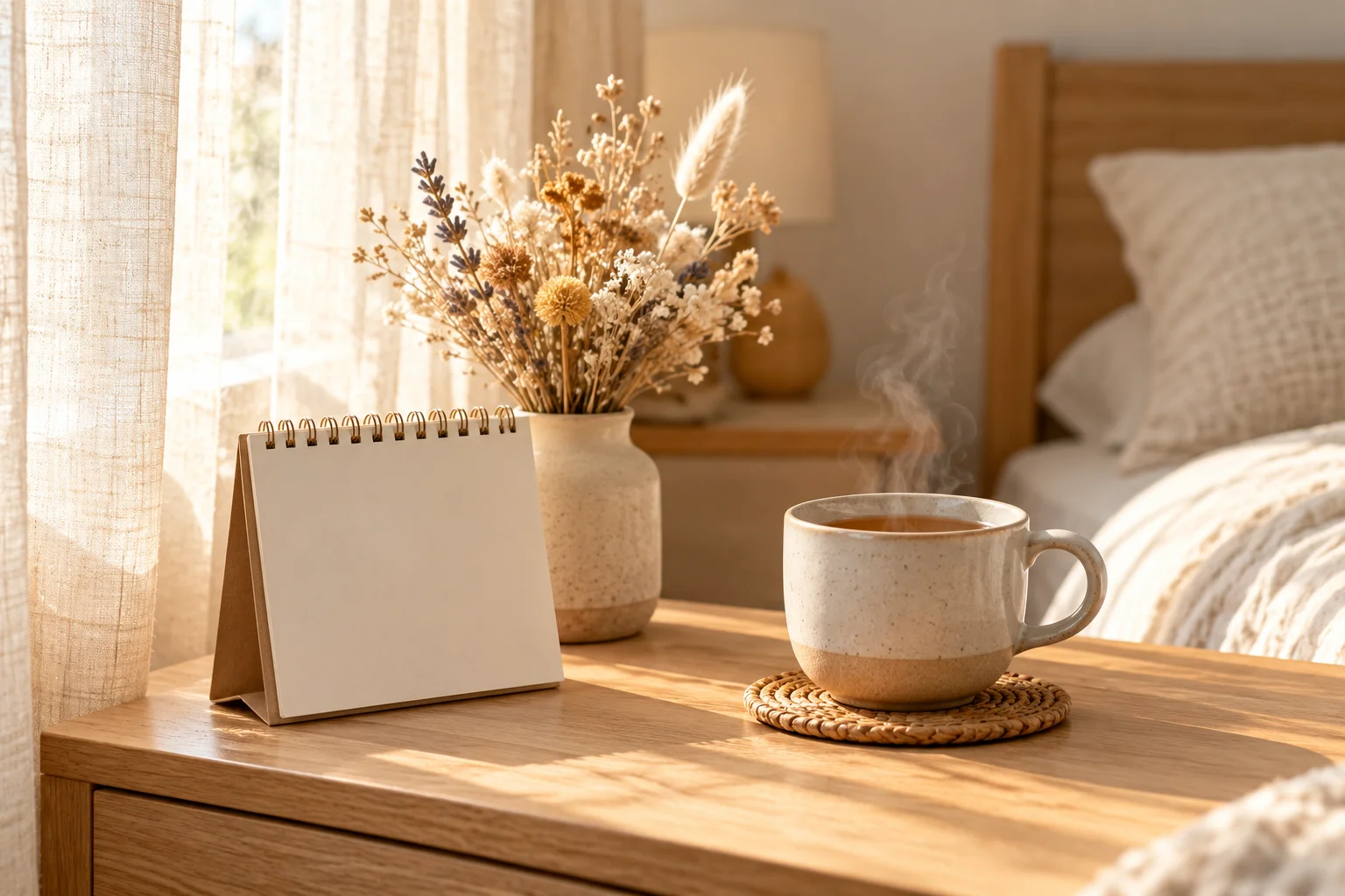 Un calendrier papier et une tasse de thé sur une table de chevet
